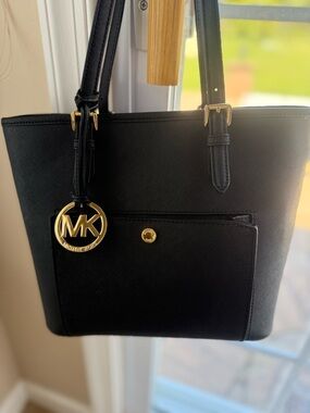 Michael Kors Black Leather Tote with Gold Logo Charm